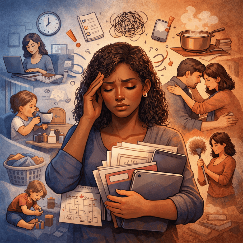 MULHER CANSADA SOBRECARREGADA ILUSTRAÇÃO